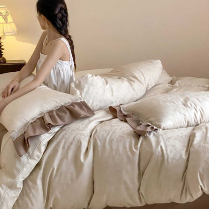 Juego de cama de satén de algodón con estampado jacquard y volante