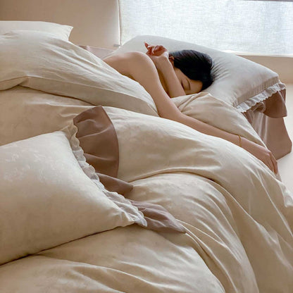 Juego de cama de satén de algodón con estampado jacquard y volante