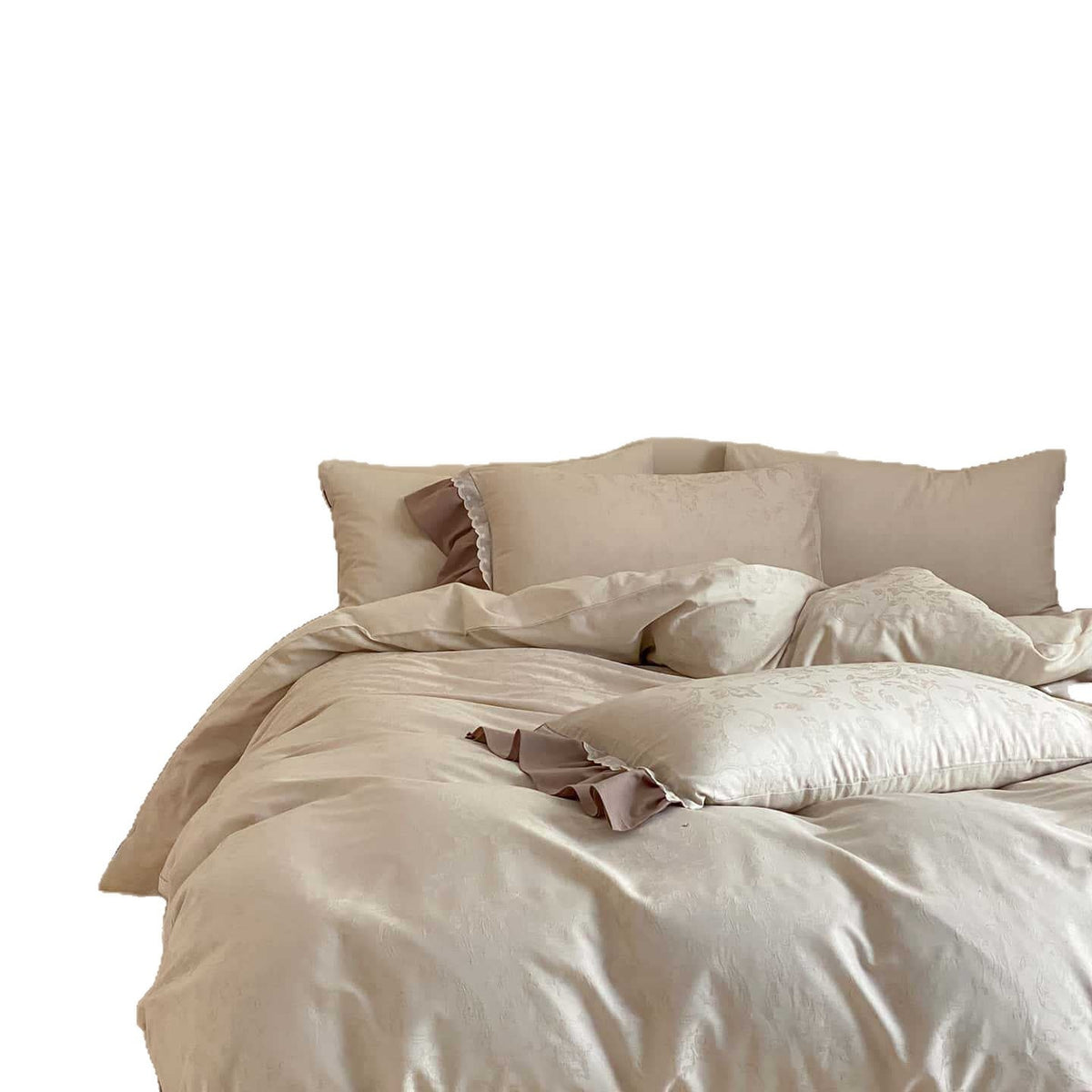Juego de cama de satén de algodón con estampado jacquard y volante