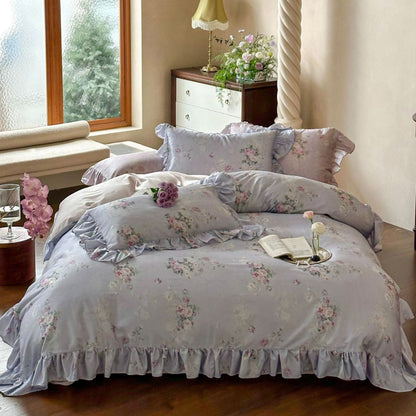 Juego de cama romántico con volantes y estampado floral vintage