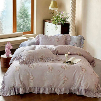 Juego de cama romántico con volantes y estampado floral vintage
