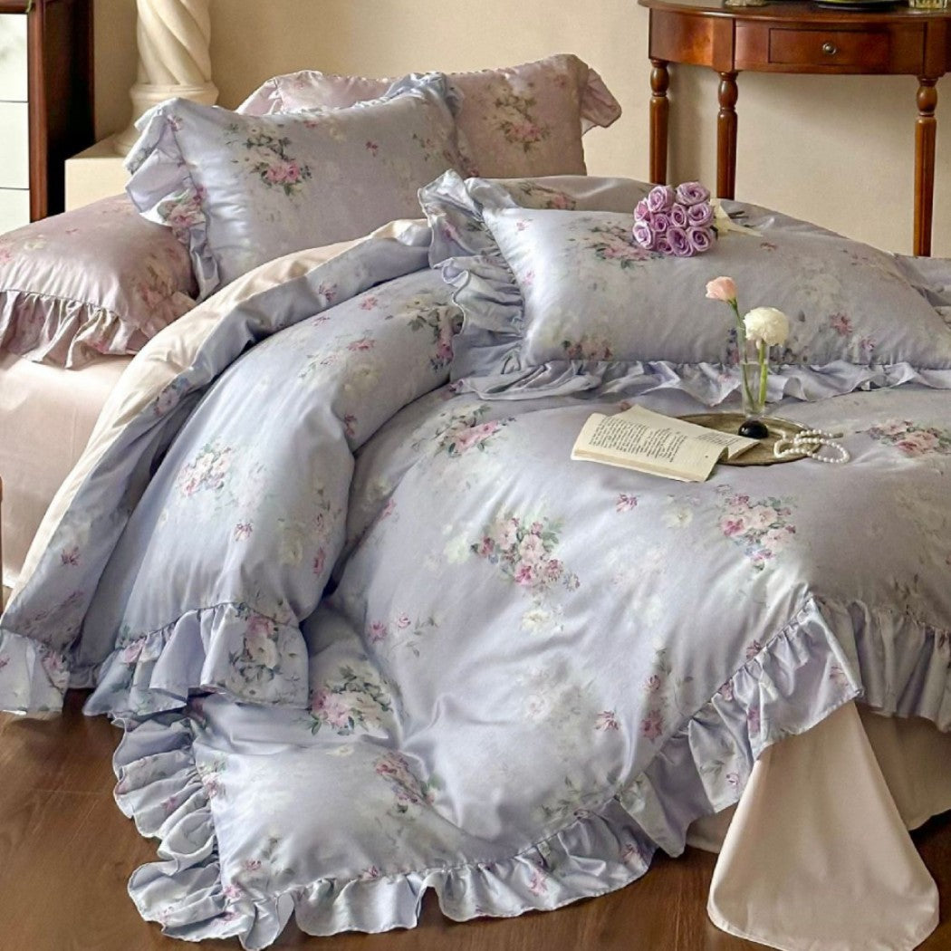 Juego de cama romántico con volantes y estampado floral vintage