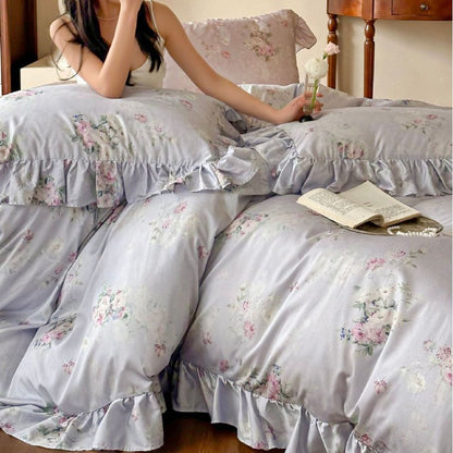 Juego de cama romántico con volantes y estampado floral vintage