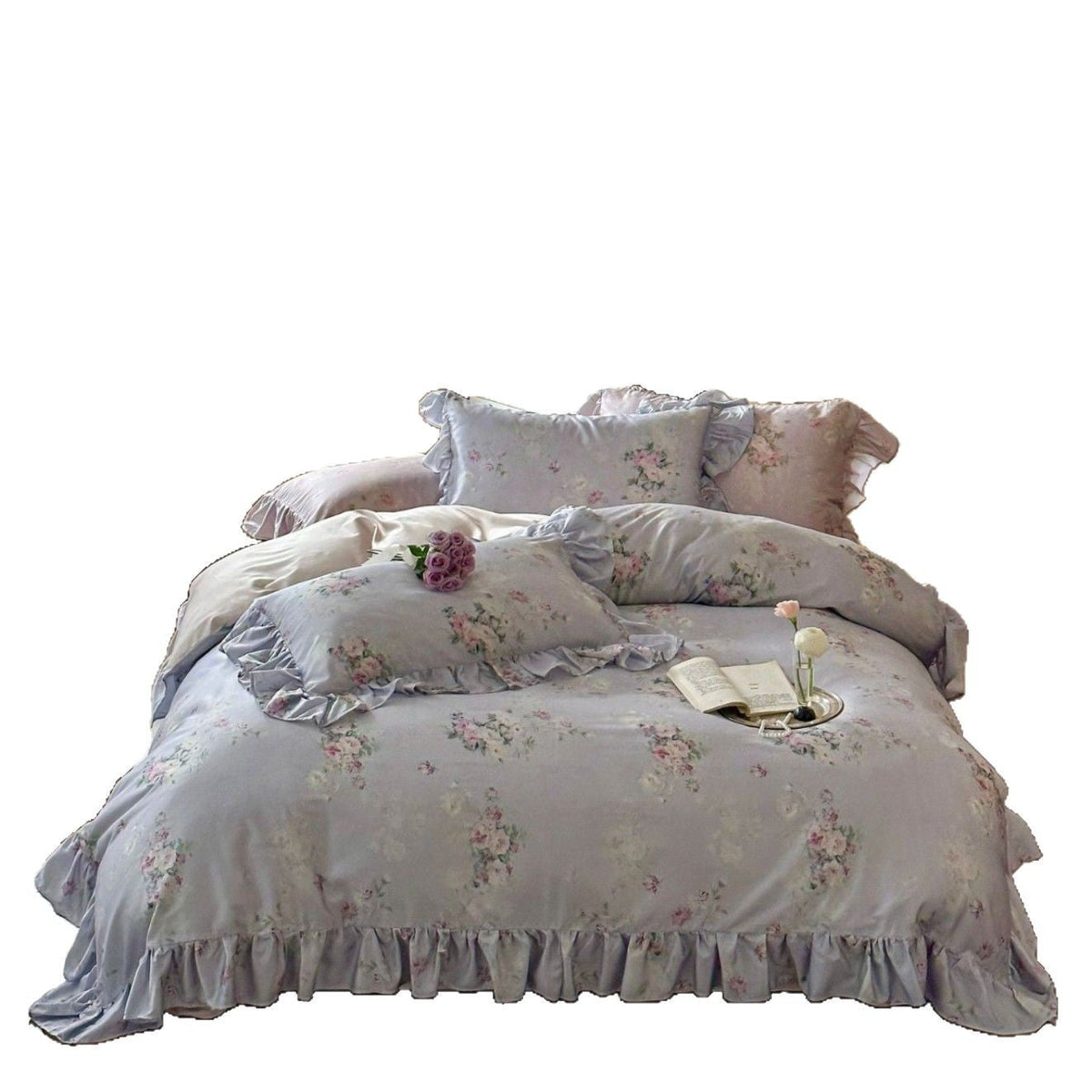 Juego de cama romántico con volantes y estampado floral vintage