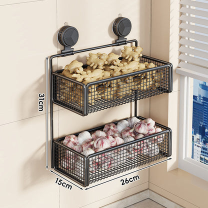 Juego de cestas de rejilla de pared con ventosa para frutas y verduras con estante ajustable de dos niveles