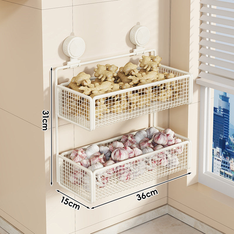Juego de cestas de rejilla de pared con ventosa para frutas y verduras con estante ajustable de dos niveles