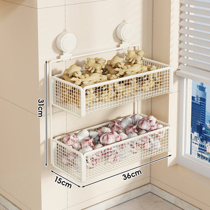 Juego de cestas de rejilla de pared con ventosa para frutas y verduras con estante ajustable de dos niveles
