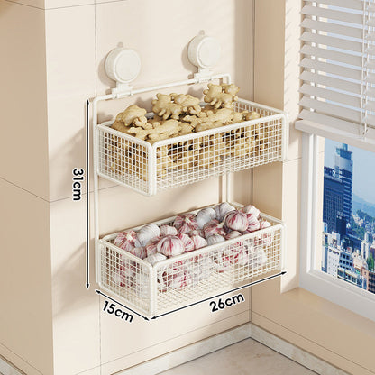 Juego de cestas de rejilla de pared con ventosa para frutas y verduras con estante ajustable de dos niveles