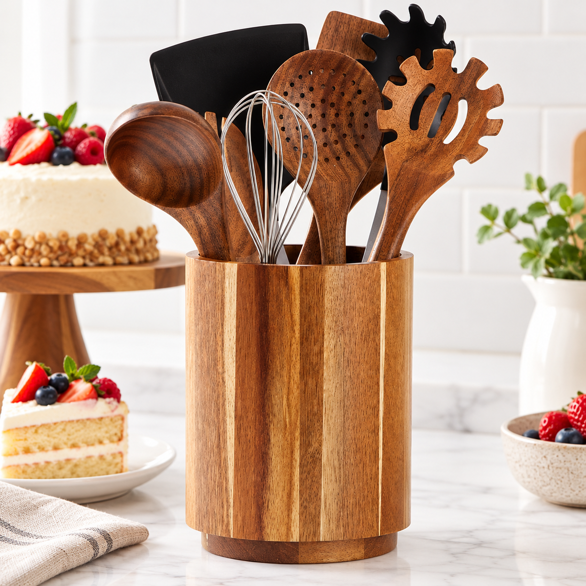 Juego de utensilios de cocina artesanales de madera de acacia con soporte para encimera