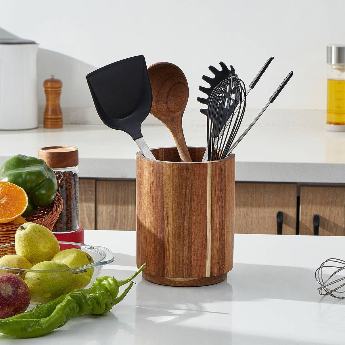 Juego de utensilios de cocina artesanales de madera de acacia con soporte para encimera