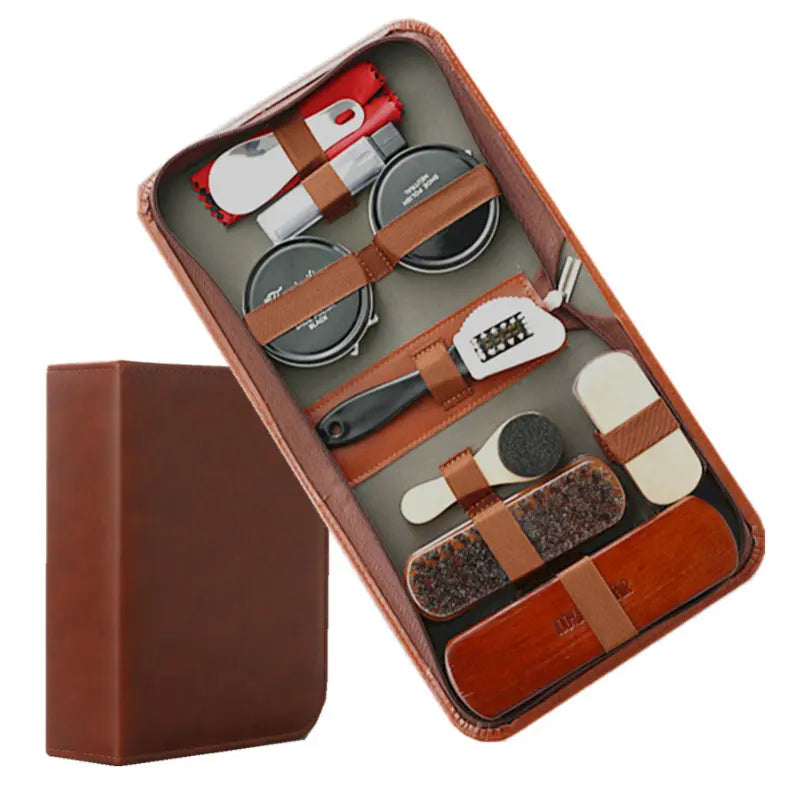 Kit de cuidado para zapatos de cuero de 9 piezas con cepillos de crin de caballo