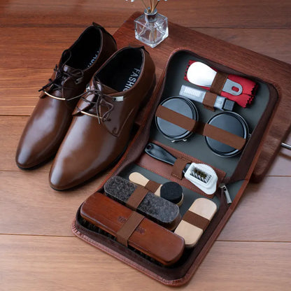 Kit de cuidado para zapatos de cuero de 9 piezas con cepillos de crin de caballo