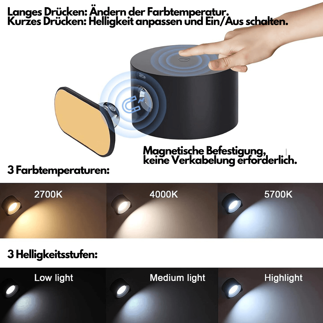 Lámpara de Pared Inalámbrica – Iluminación LED Ajustable 360° y Recargable (USB)