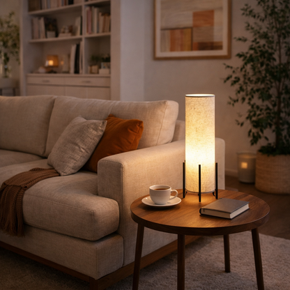 Lámpara de sobremesa escandinava de madera y tela para salón