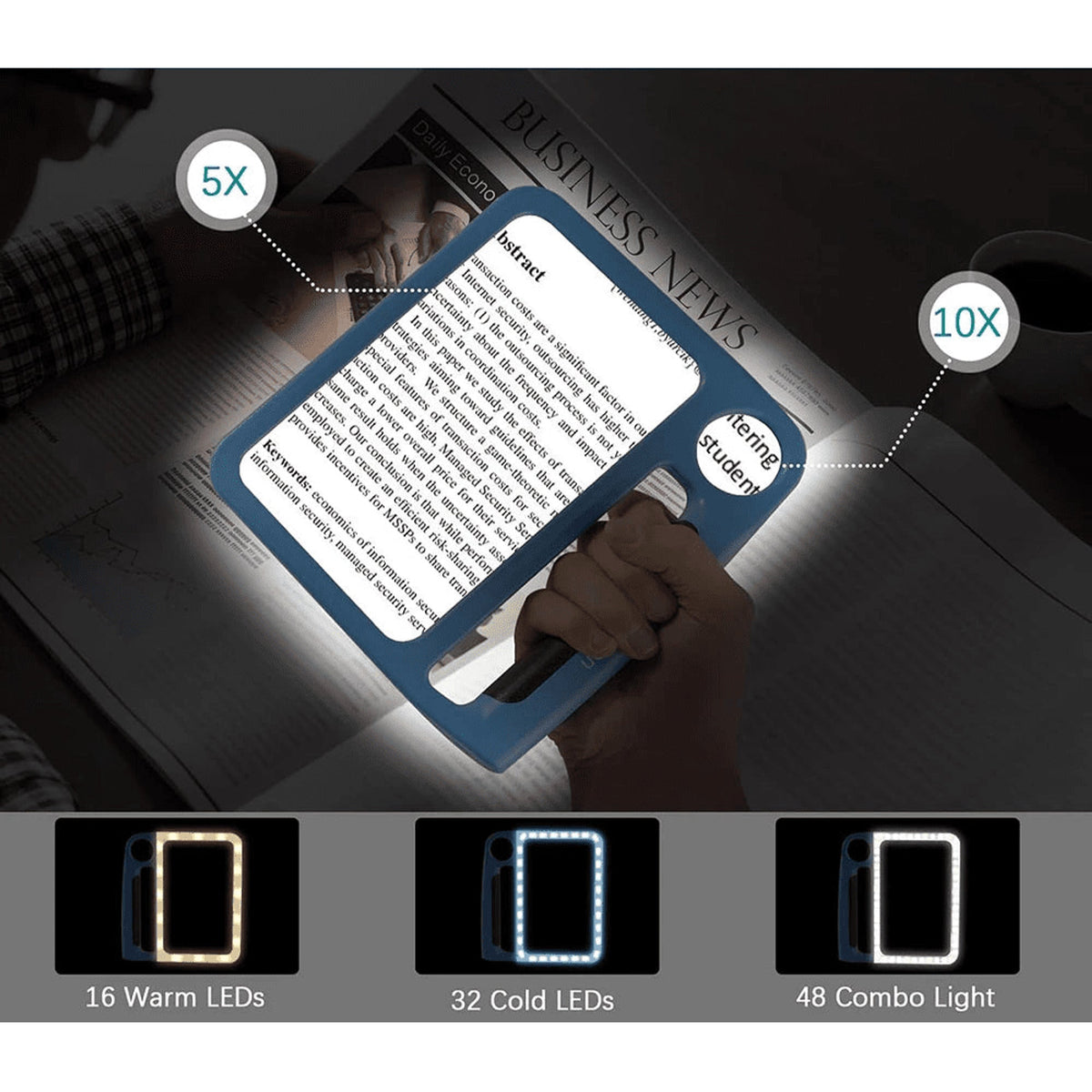 Lupa LED manos libres con doble lente de 5x y 10x, 48 LED y USB