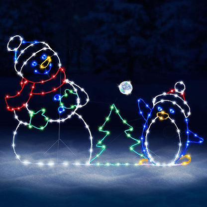 Luz LED animada de pelea de bolas de nieve - Decoración navideña para exterior con muñeco de nieve y pingüino