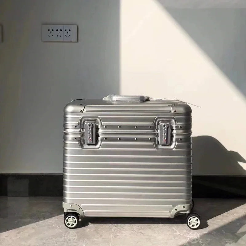 Maleta rígida de aluminio y magnesio con ruedas giratorias de 360°