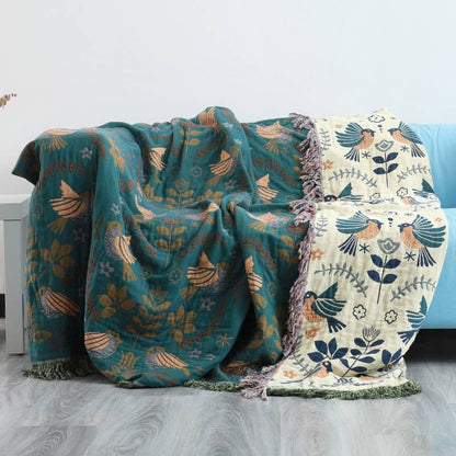 Manta reversible de estilo escandinavo con diseño de pájaros | Manta 100 % algodón