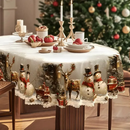 Mantel navideño rectangular con estampado de muñeco de nieve y reno y dobladillo festoneado de encaje