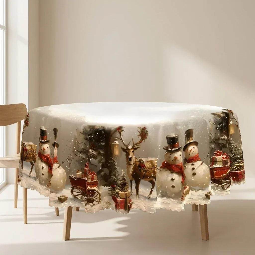 Mantel navideño rectangular con estampado de muñeco de nieve y reno y dobladillo festoneado de encaje