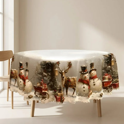Mantel navideño rectangular con estampado de muñeco de nieve y reno y dobladillo festoneado de encaje