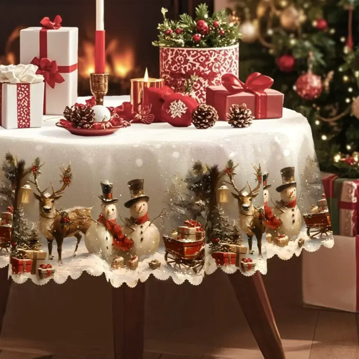 Mantel navideño rectangular con estampado de muñeco de nieve y reno y dobladillo festoneado de encaje