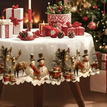 Mantel navideño rectangular con estampado de muñeco de nieve y reno y dobladillo festoneado de encaje
