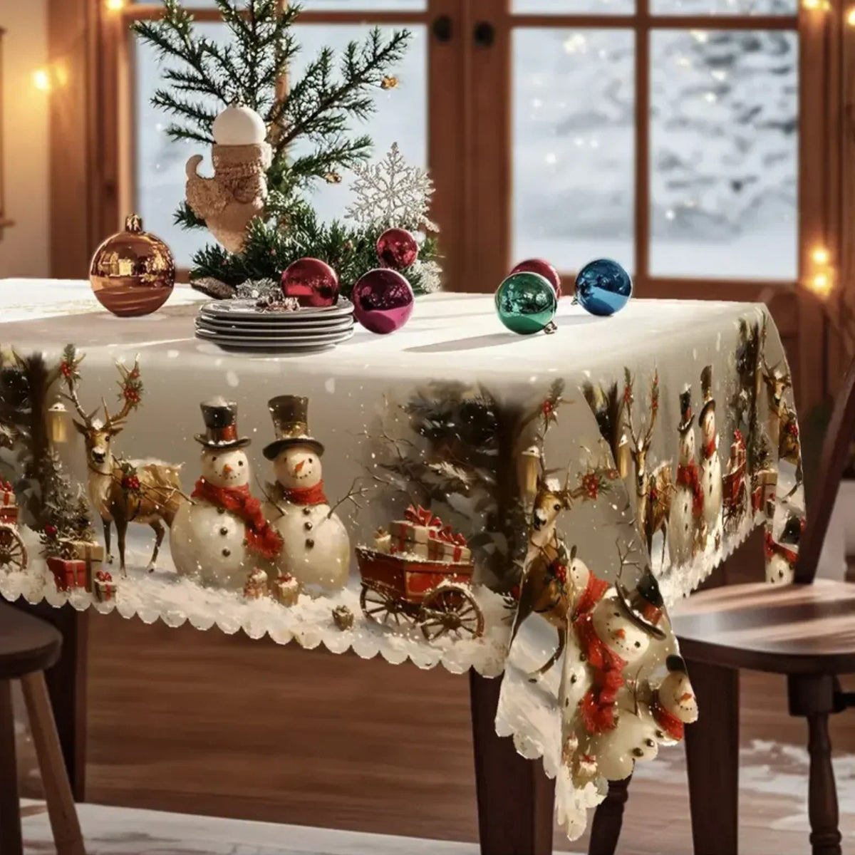 Mantel navideño rectangular con estampado de muñeco de nieve y reno y dobladillo festoneado de encaje