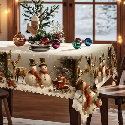 Mantel navideño rectangular con estampado de muñeco de nieve y reno y dobladillo festoneado de encaje