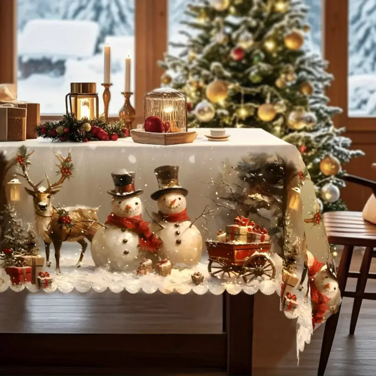Mantel navideño rectangular con estampado de muñeco de nieve y reno y dobladillo festoneado de encaje