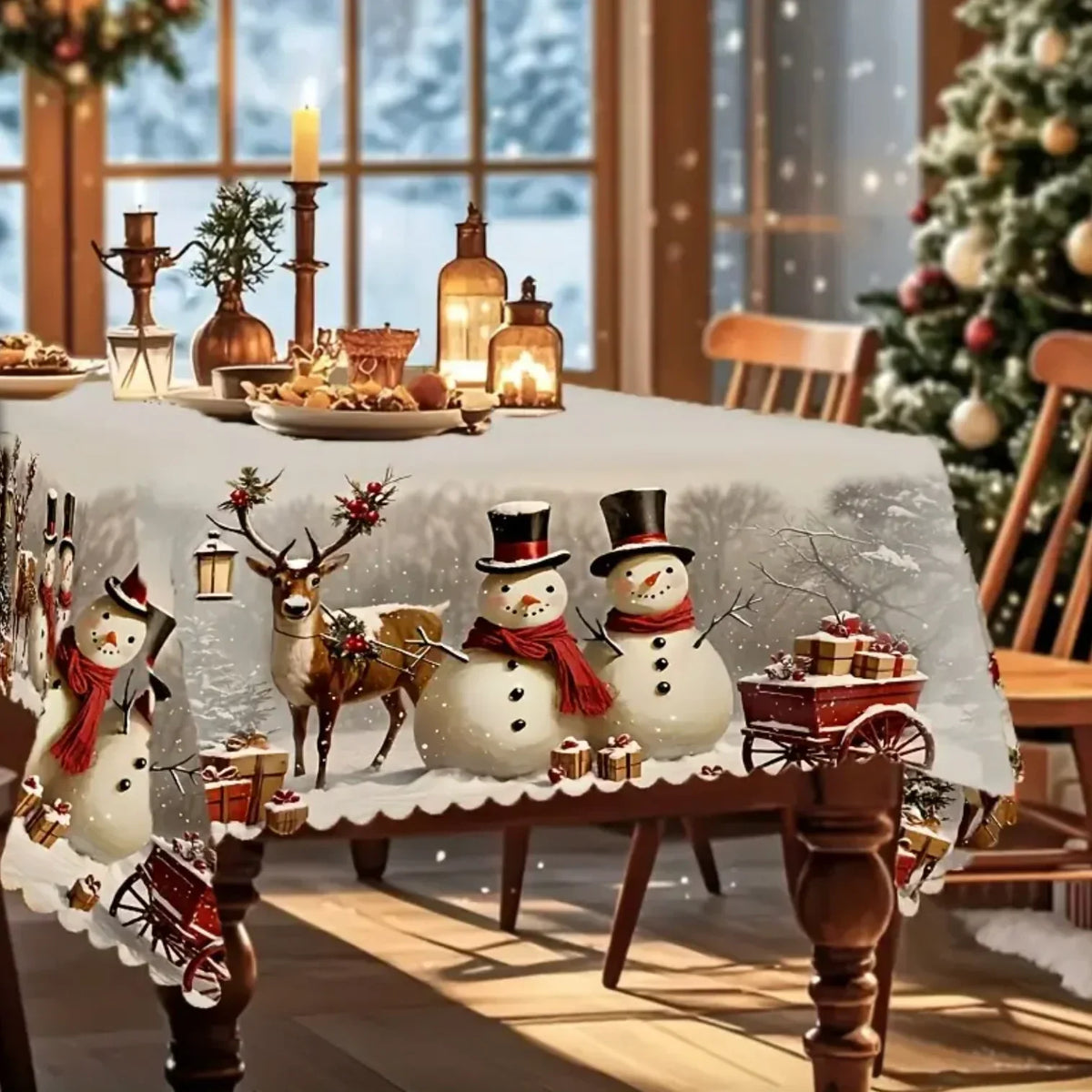 Mantel navideño rectangular con estampado de muñeco de nieve y reno y dobladillo festoneado de encaje