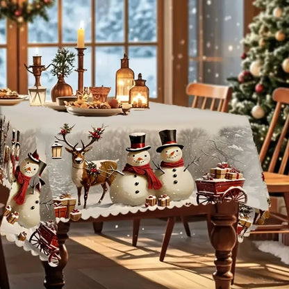 Mantel navideño rectangular con estampado de muñeco de nieve y reno y dobladillo festoneado de encaje