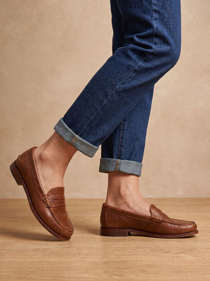 Mocasines penny de cuero para mujer con costuras de mocasín