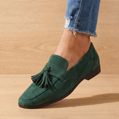 Mocasines planos de ante para mujer sin cordones con borlas