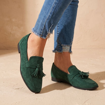 Mocasines planos de ante para mujer sin cordones con borlas