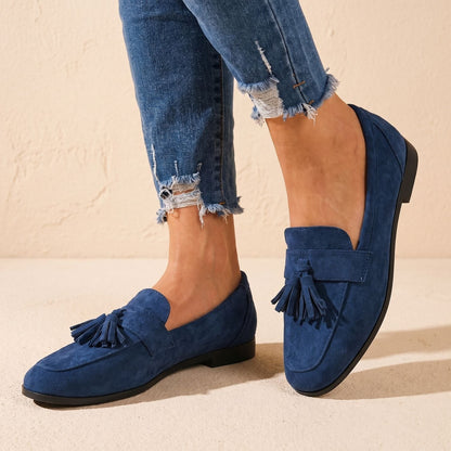 Mocasines planos de ante para mujer sin cordones con borlas