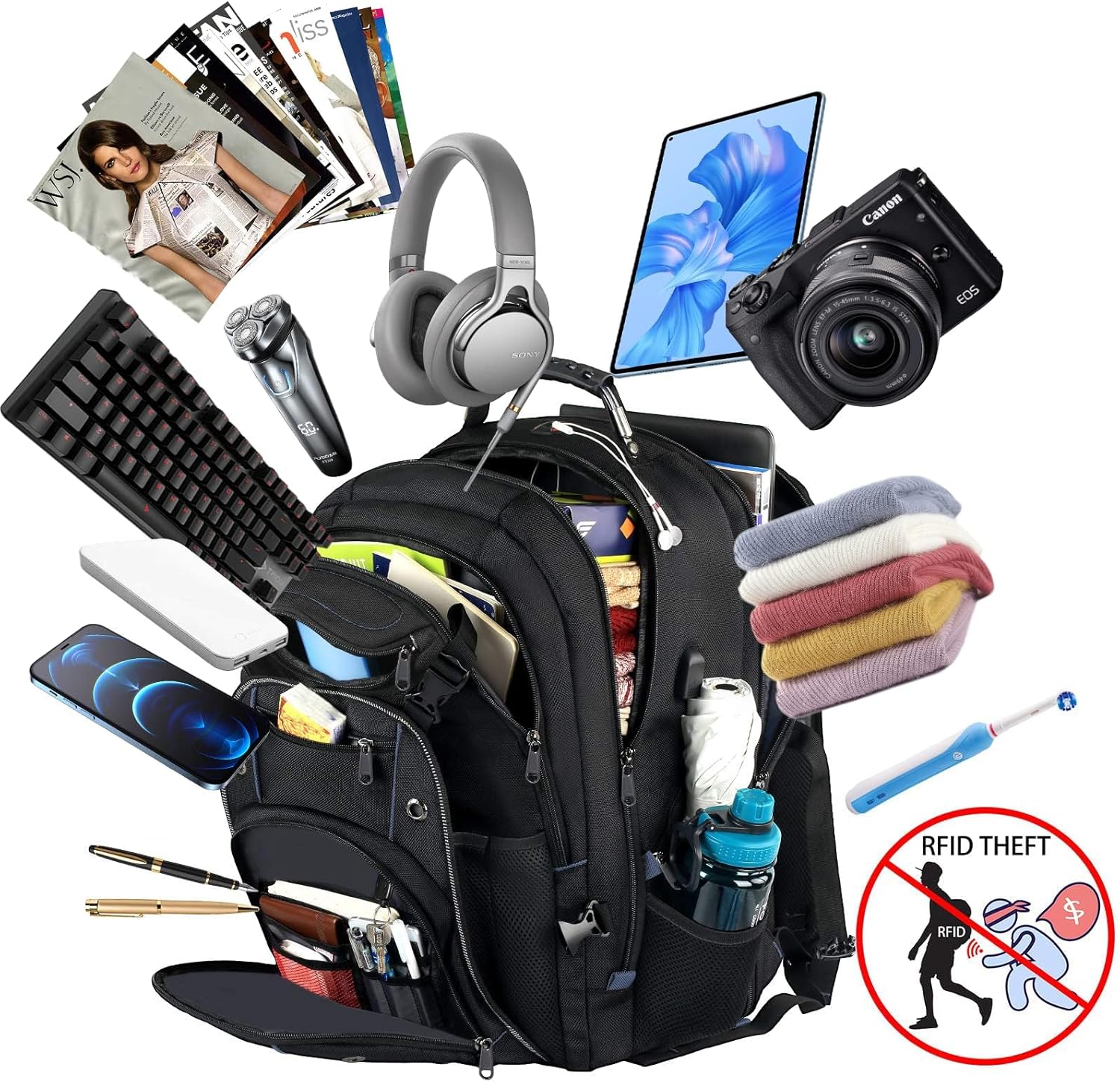 Mochila de Viaje Extra Grande de 55L con Carga USB y Seguridad RFID