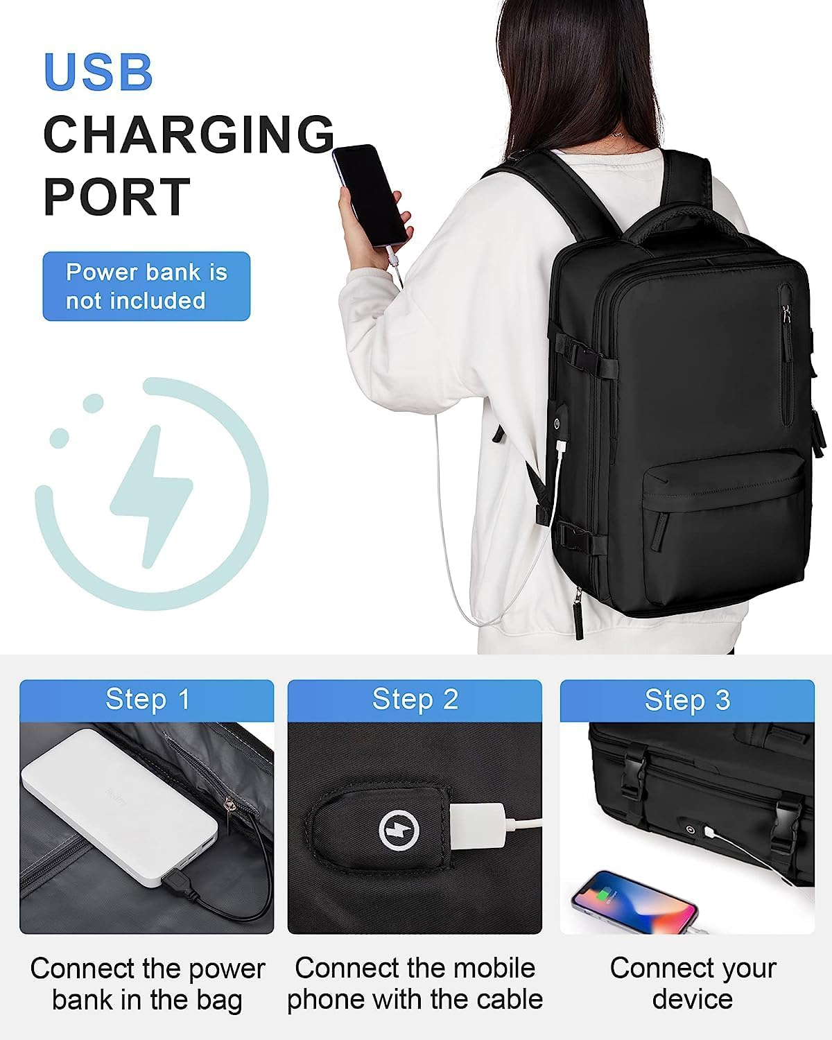 Mochila de Viaje Impermeable de 40L con Compartimento para Zapatos y Puerto USB – Acomoda Laptop de 14” (35.56 cm)