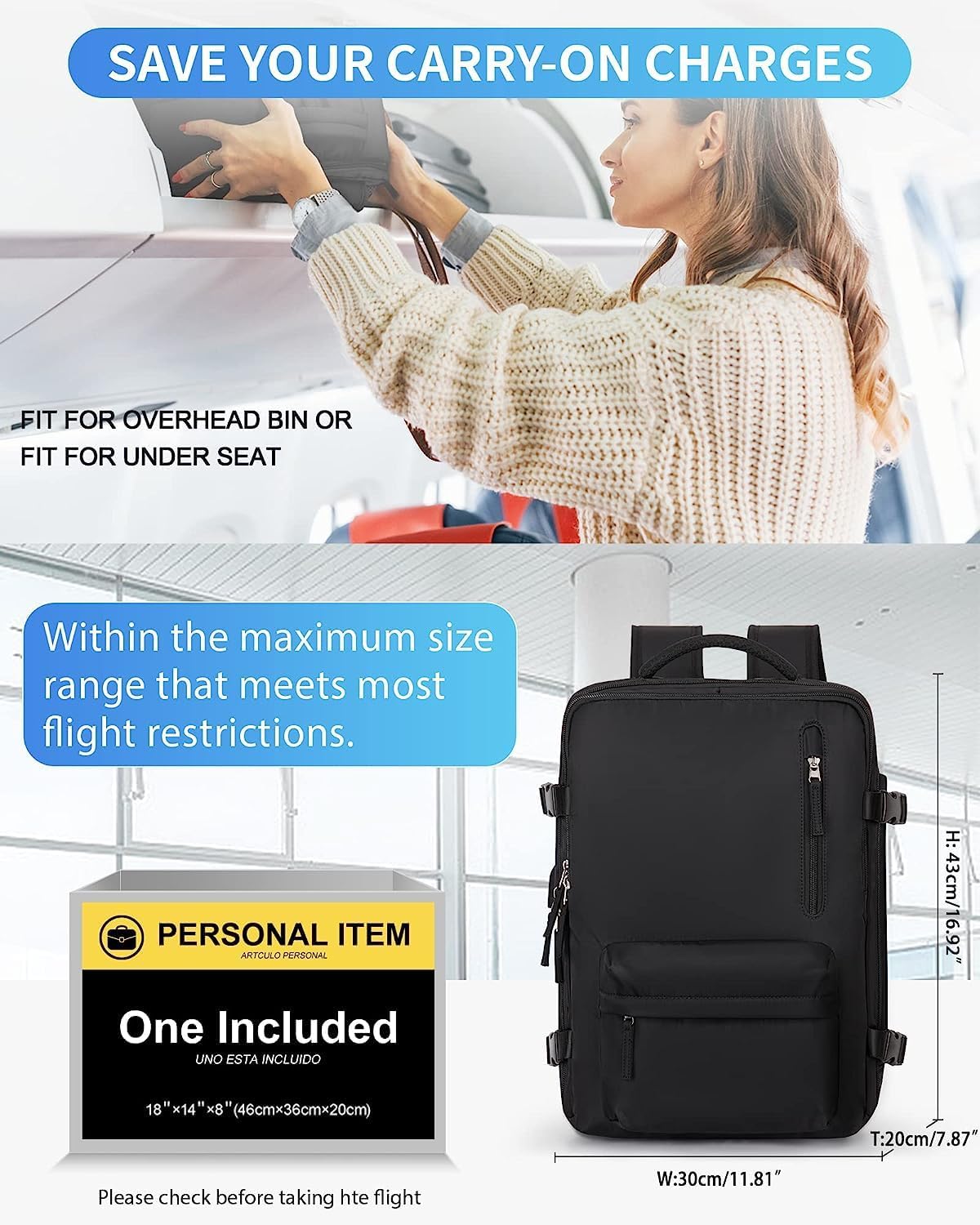 Mochila de Viaje Impermeable de 40L con Compartimento para Zapatos y Puerto USB – Acomoda Laptop de 14” (35.56 cm)