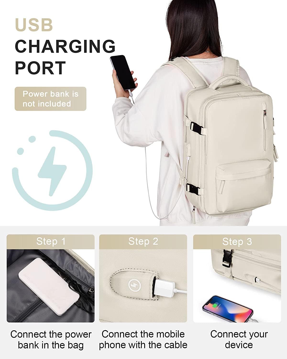 Mochila de Viaje Impermeable de 40L con Compartimento para Zapatos y Puerto USB – Acomoda Laptop de 14” (35.56 cm)