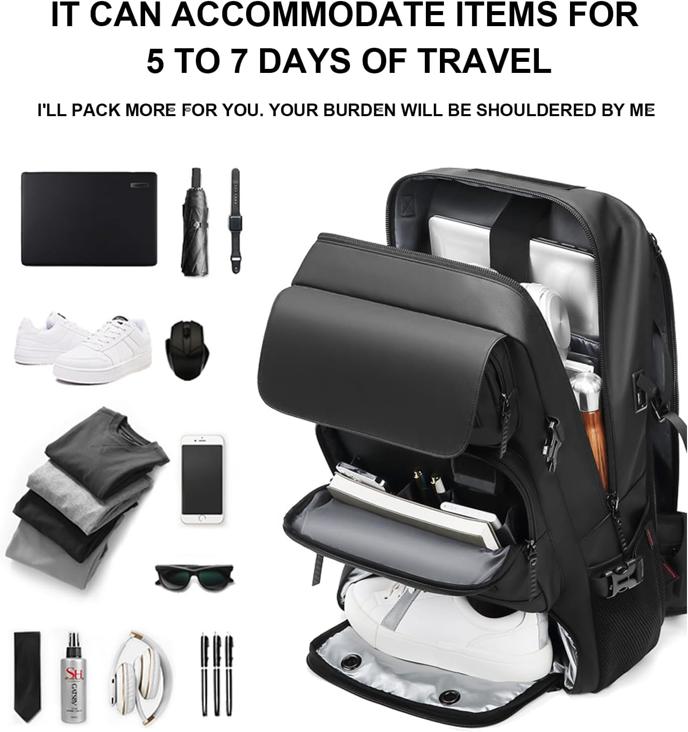 Mochila de Viaje Impermeable de 50L con Compartimento para Zapatos y Puerto USB
