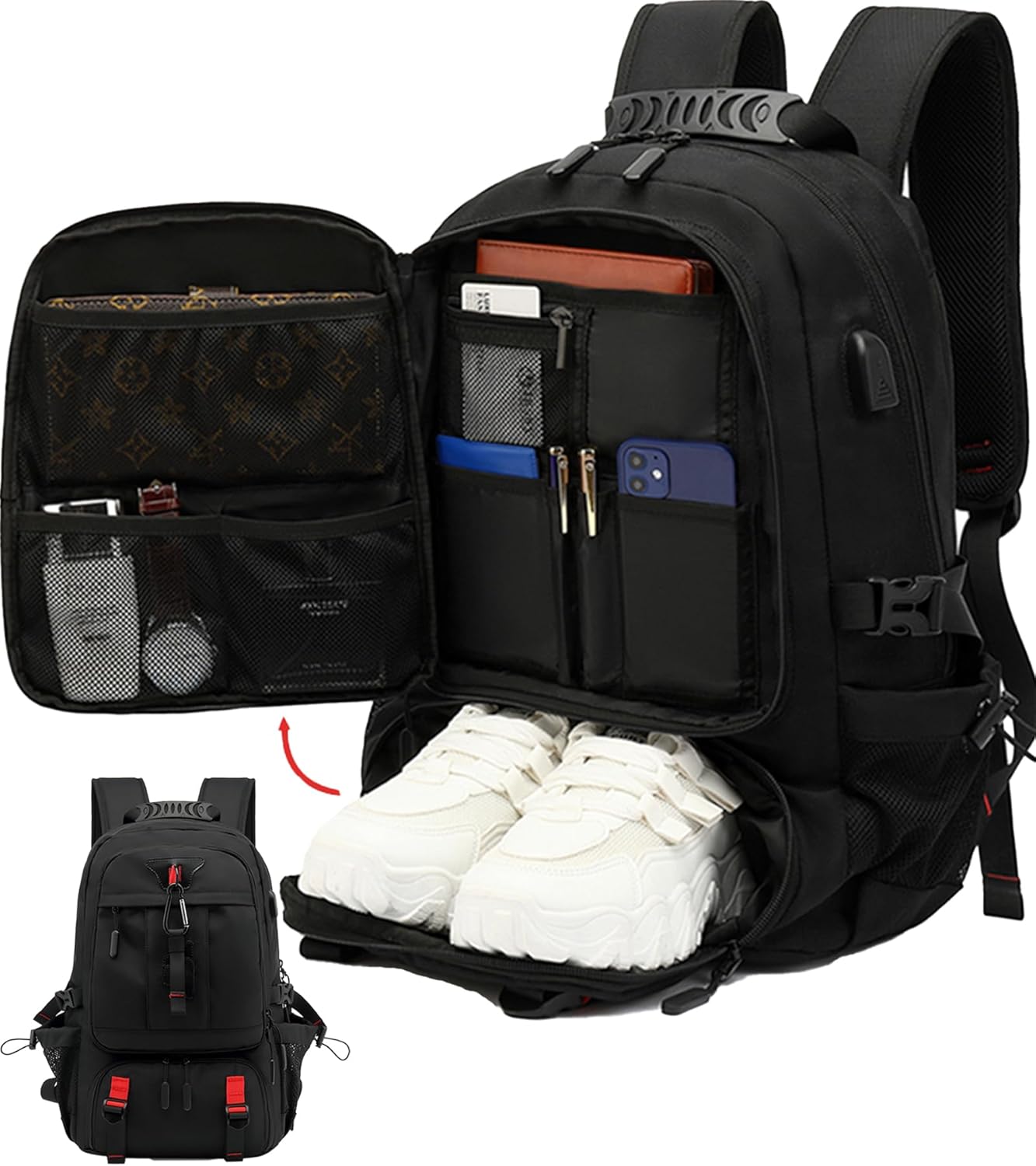 Mochila de Viaje Impermeable de 60L con Puerto USB y Compartimento para Zapatos