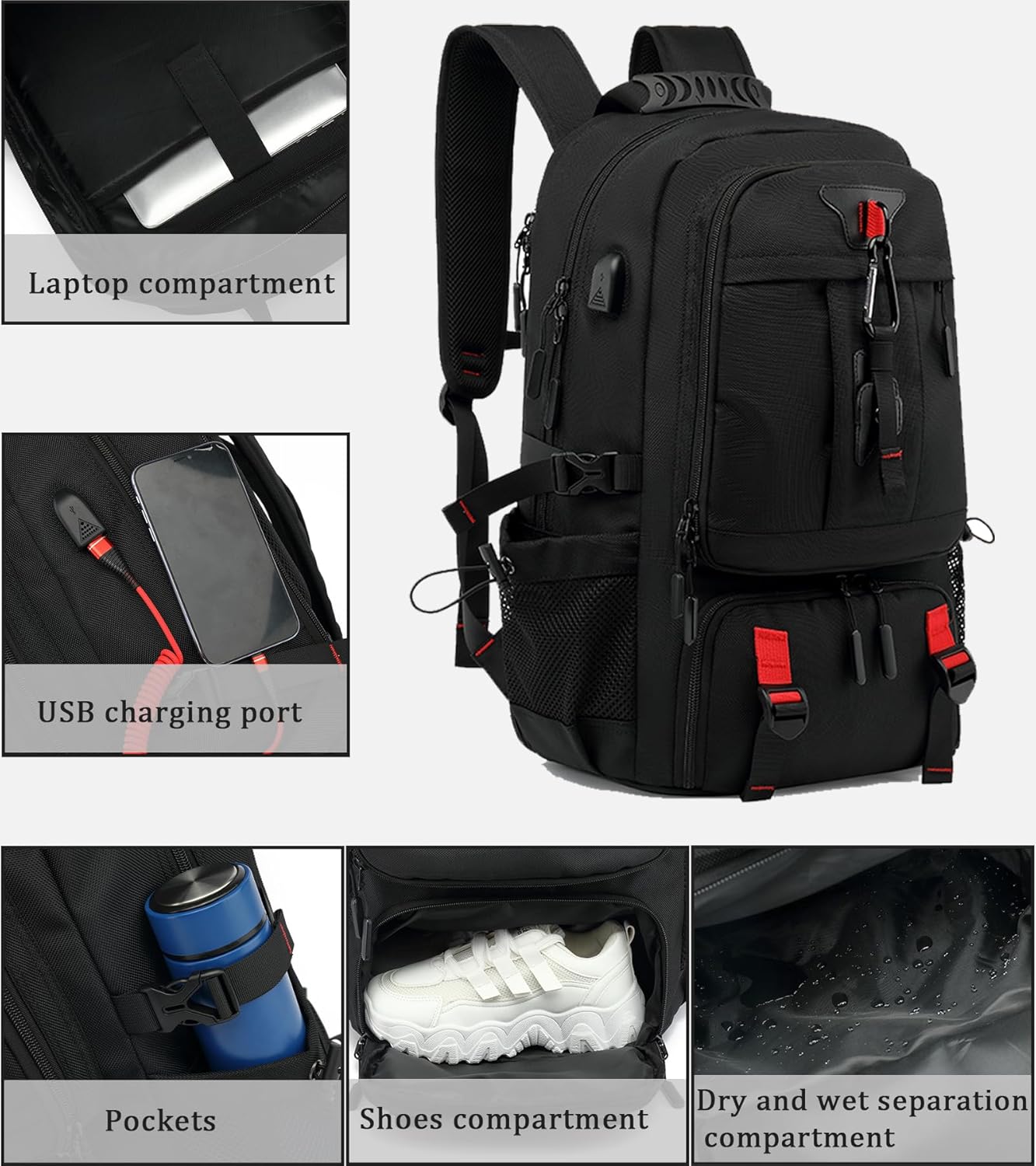 Mochila de Viaje Impermeable de 60L con Puerto USB y Compartimento para Zapatos