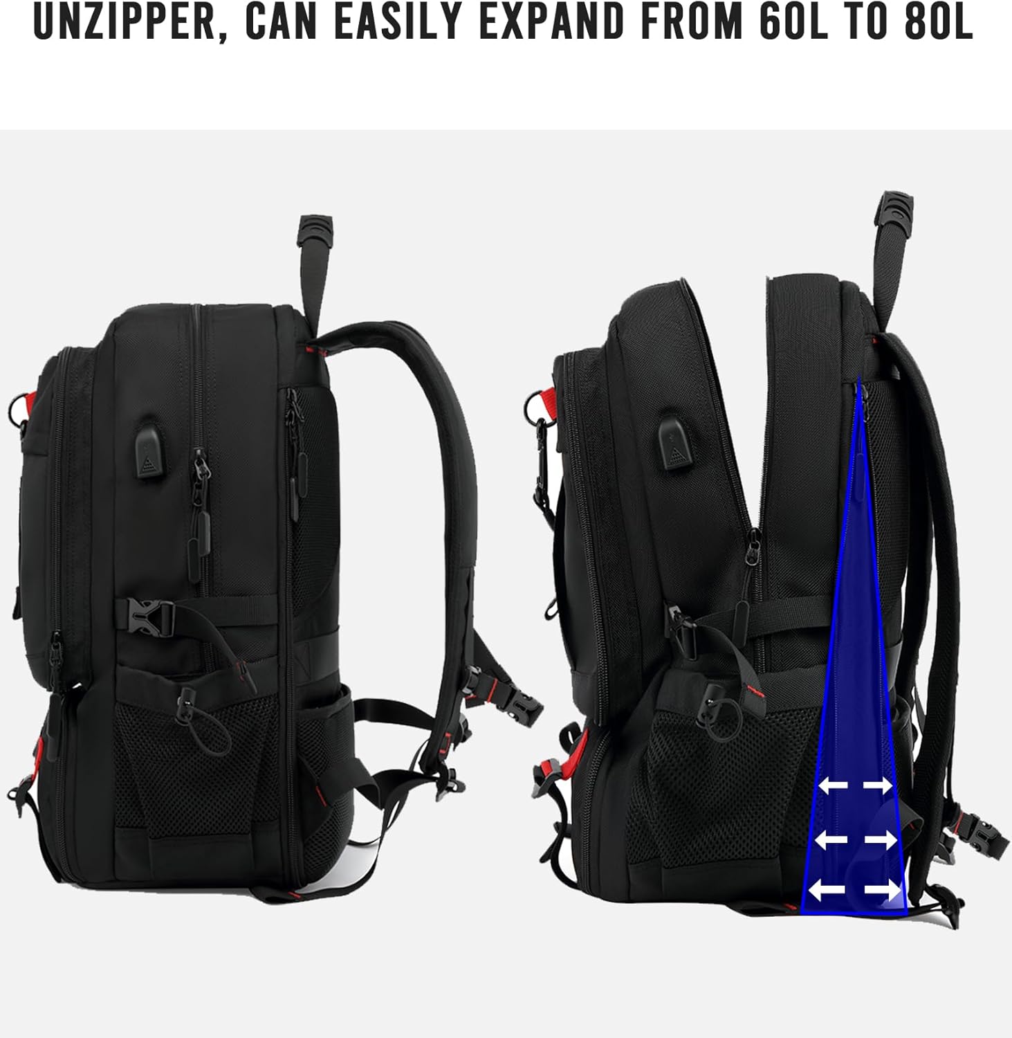 Mochila de Viaje Impermeable de 60L para Laptop con USB y Compartimento para Zapatos