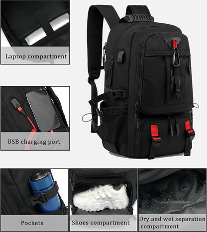 Mochila de Viaje Impermeable de 60L para Laptop con USB y Compartimento para Zapatos
