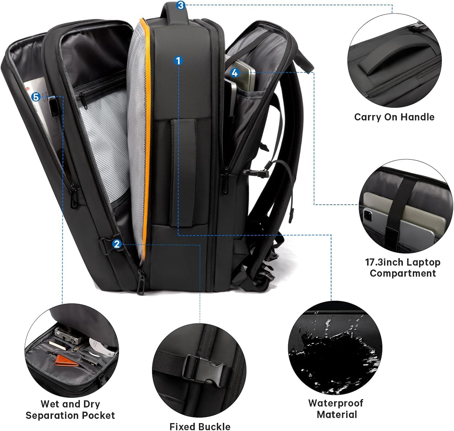 Mochila de viaje impermeable expandible de 26 a 45L con funda para laptop y asa de duffle