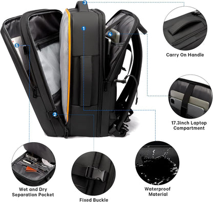 Mochila de viaje impermeable expandible de 26 a 45L con funda para laptop y asa de duffle