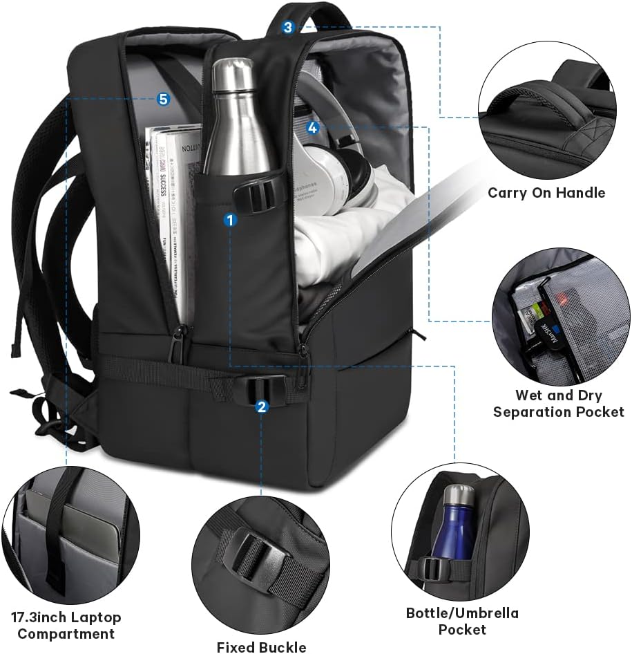 Mochila de viaje impermeable expandible de 26 a 45L con funda para laptop y asa de duffle