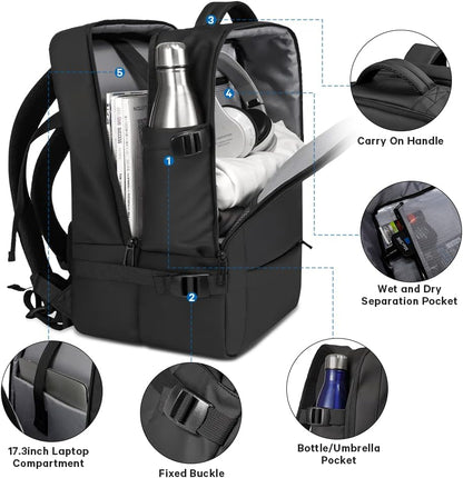 Mochila de viaje impermeable expandible de 26 a 45L con funda para laptop y asa de duffle