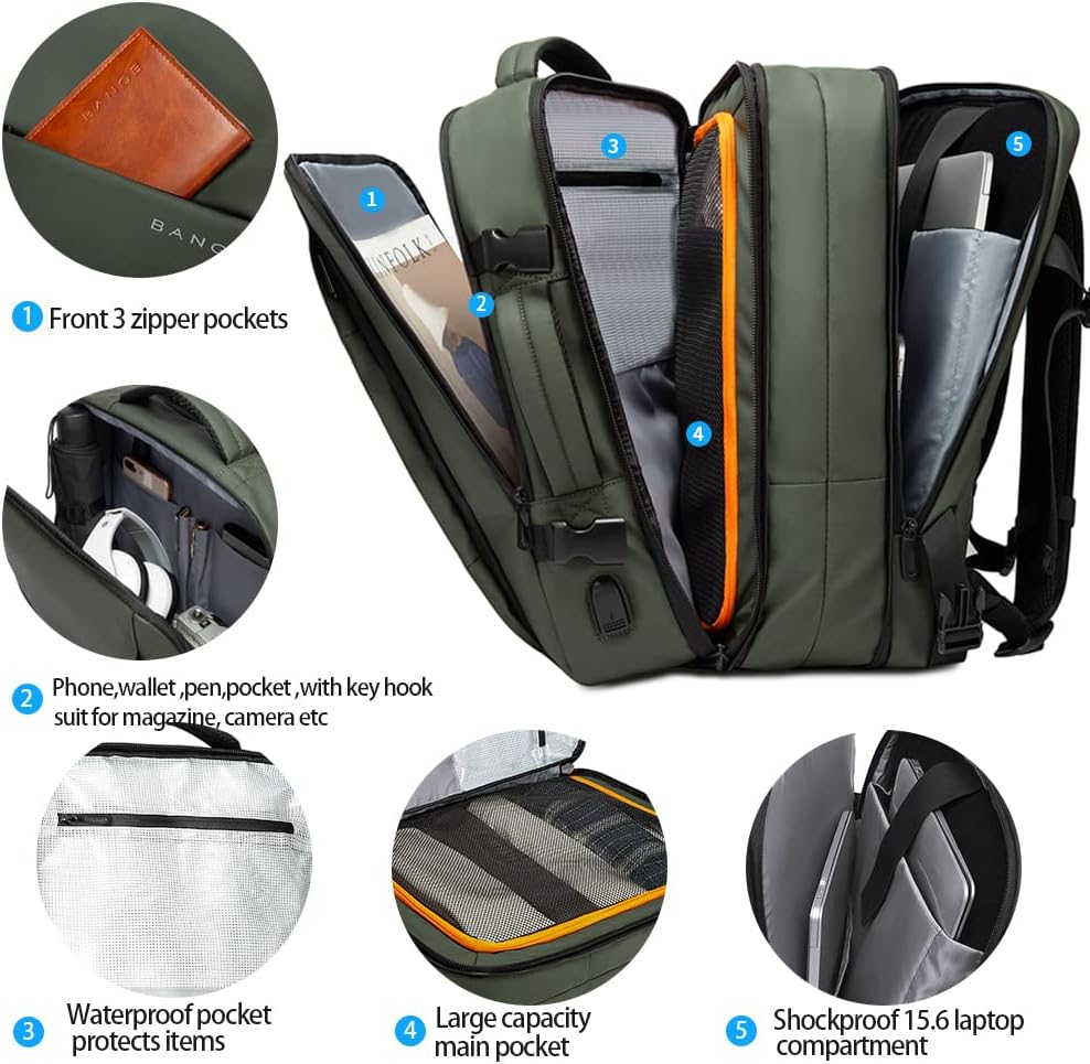 Mochila de viaje impermeable expandible de 26 a 45L con funda para laptop y asa de duffle